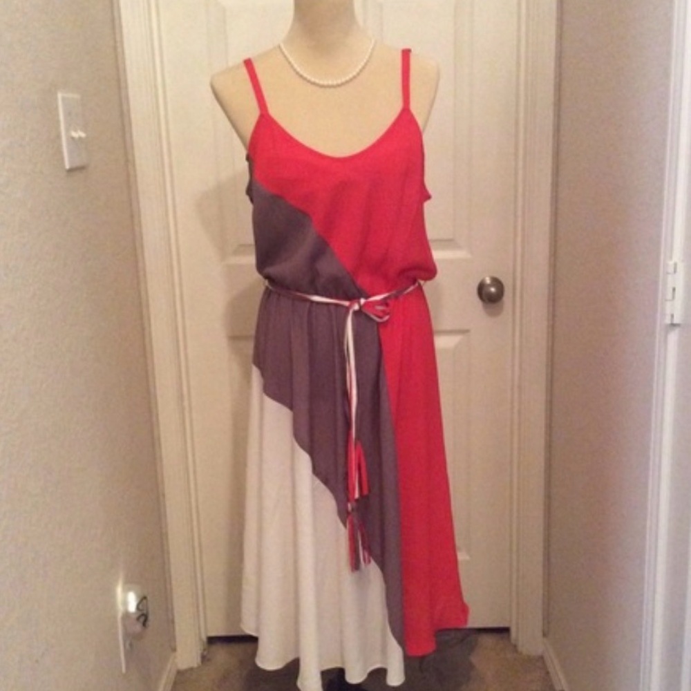 J.B.S. Asymmetrical Colorblock Maxi Dress in Red, Gray, White - Picture 1 of 3
